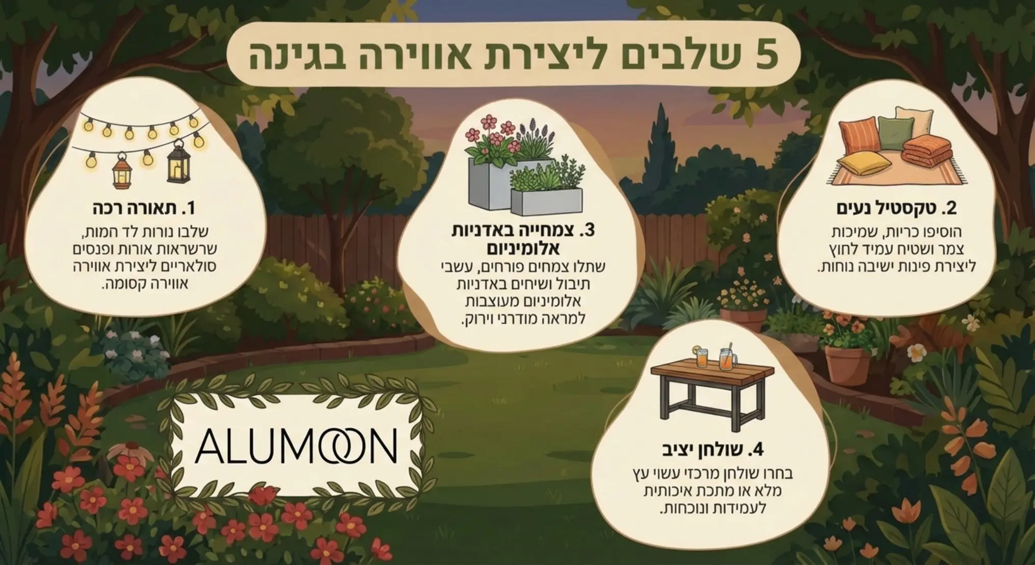 אינפוגרפיקה המציגה 5 שלבים ליצירת אווירה בגינה: 1. תאורה רכה 2. טקסטיל נעים 3. צמחייה באדניות אלומיניום 4. שולחן יציב 5. מוזיקת רקע