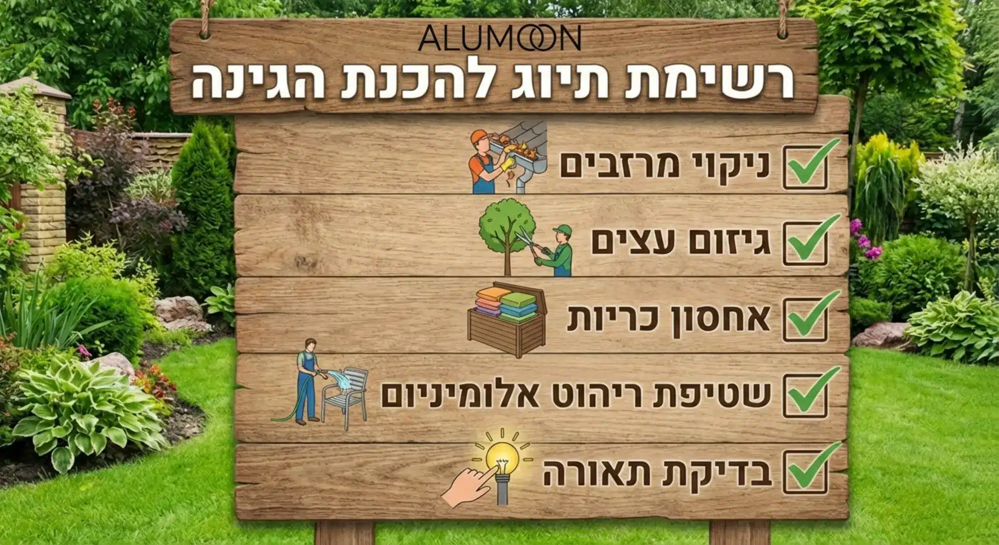 אינפוגרפיקה שמראה רשימת תיוג (Checklist) להכנת הגינה: 1. ניקוי מרזבים 2. גיזום עצים 3. אחסון כריות 4. שטיפת ריהוט אלומיניום 5. בדיקת תאורה