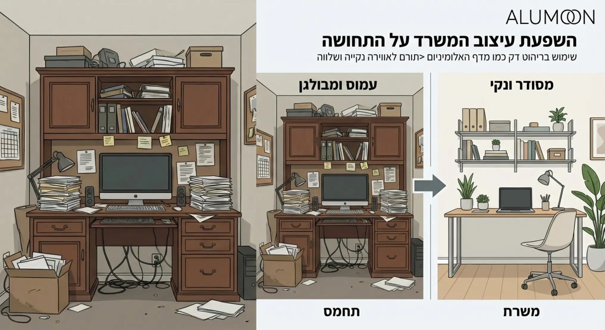 אינפוגרפיקה שמציגה השוואה בין משרד ביתי עמוס ומבולגן עם רהיטי עץ כבדים, לעומת משרד ביתי מסודר עם מדפי אלומיניום דקים ומרחב נקי, המדגישה את ההבדל בתחושת המרחב והרוגע