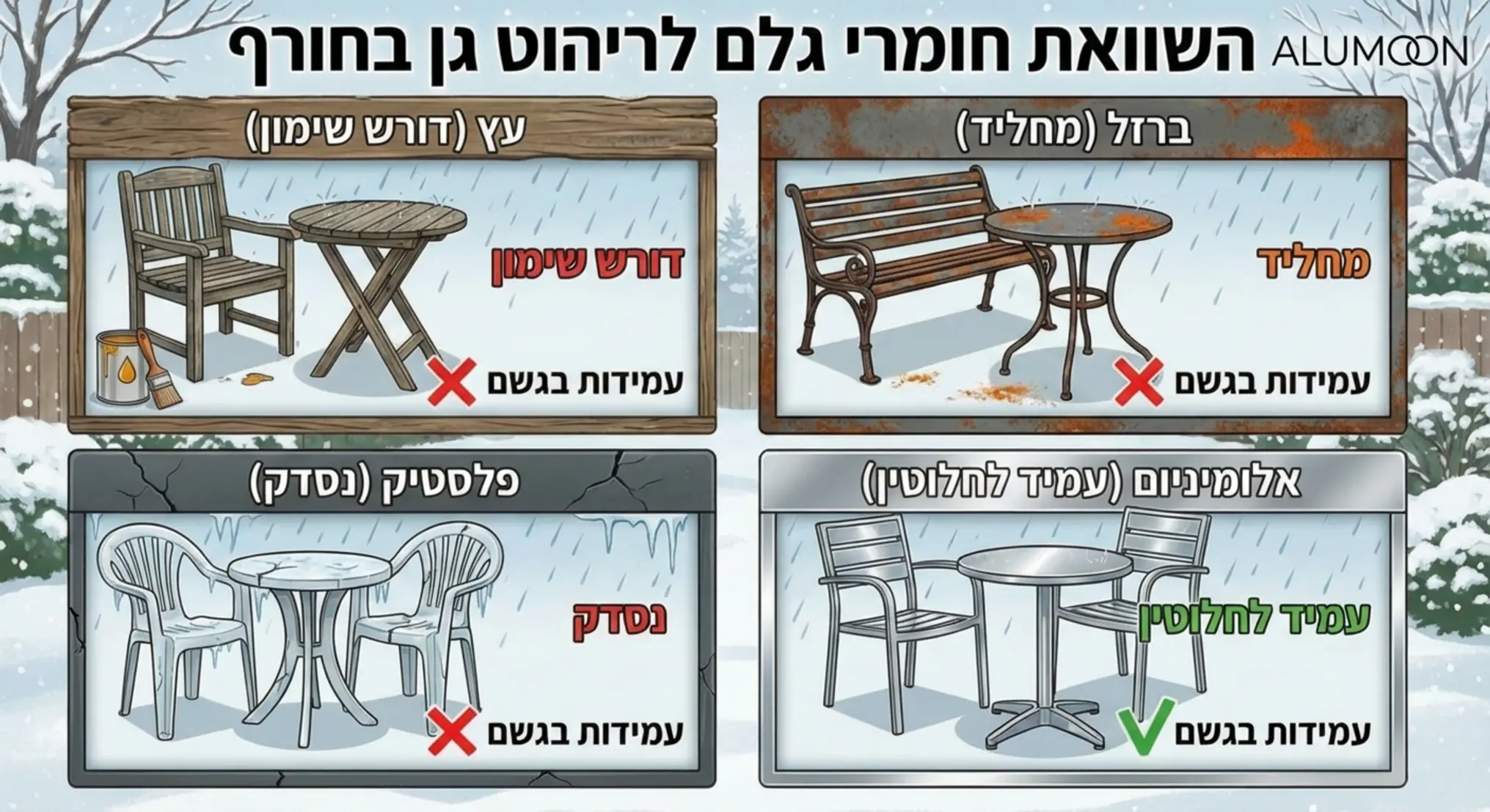 אינפוגרפיקה המציגה השוואה בין חומרי גלם שונים לריהוט גן בחורף: עץ (דורש שימון), ברזל (מחליד), פלסטיק (נסדק) ואלומיניום (עמיד לחלוטין). ליד כל חומר סימון של וי או איקס לגבי עמידות בגשם