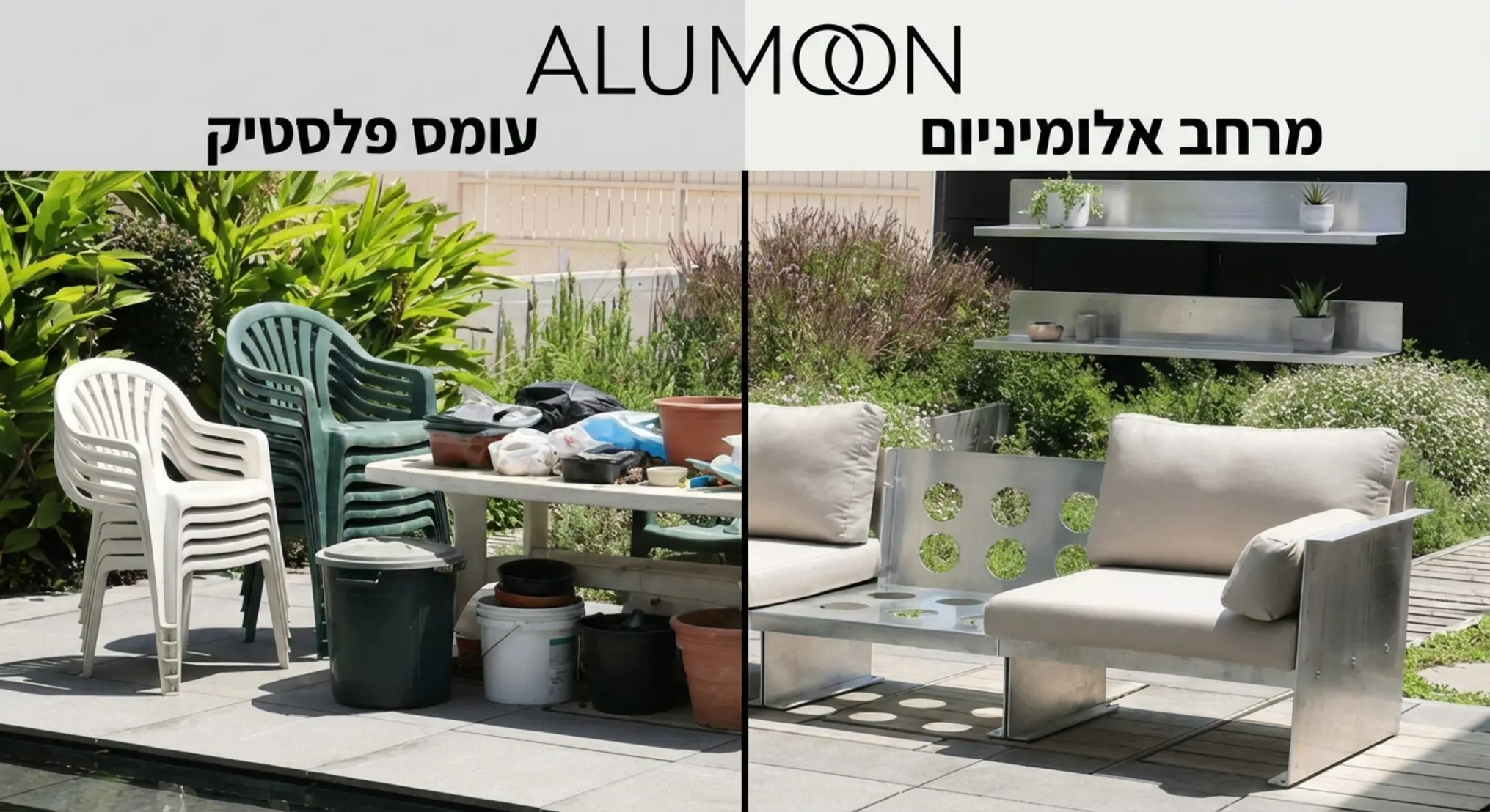 השוואה ויזואלית בין מרפסת עמוסה עם ריהוט פלסטיק מגושם לעומת מרפסת זהה עם ספסל אלומיניום דק ומדפים תלויים, המדגישה את תחושת המרחב הנוצרת