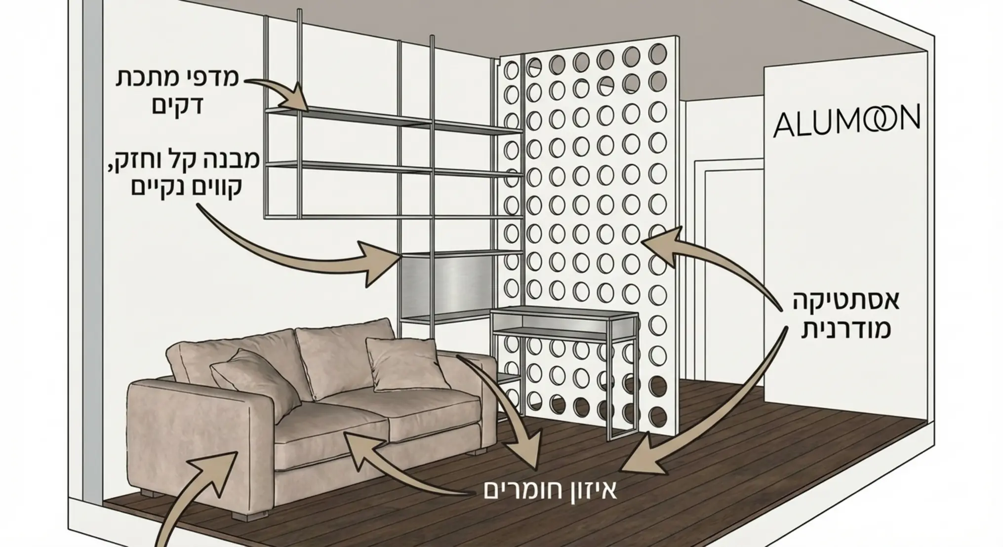 אינפוגרפיקה המציגה חתך צד של סלון, המדגימה ויזואלית כיצד שילוב של מדפי מתכת דקים וריהוט אלומיניום מאזן חלל עם רצפת פרקט וספות רכות, כולל חיצים המצביעים על נקודות האיזון בין החומרים