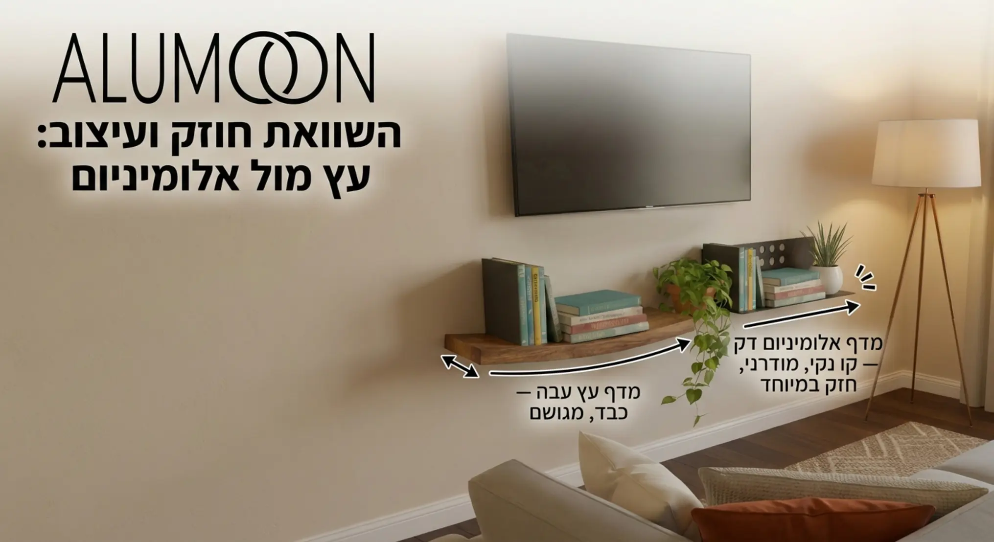 אינפוגרפיקה המציגה השוואה בין מדף עץ עבה ומסיבי לבין מדף אלומיניום דק וחזק הנושא את אותו משקל ספרים, עם דגש על הקו הנקי והמודרני של האלומיניום