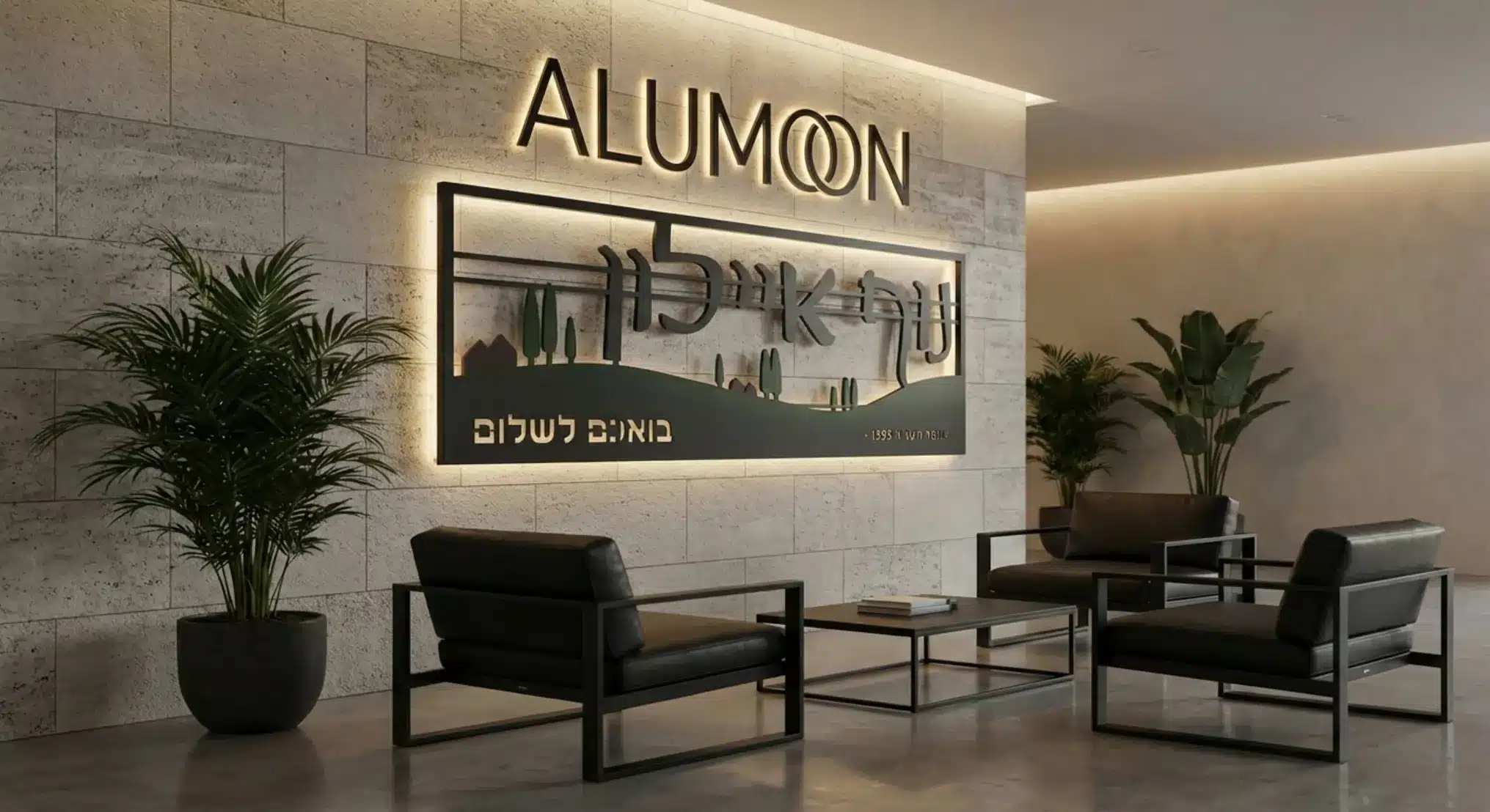 תקריב של שלט הכוונה יוקרתי מאלומיניום בגימור מט שחור, מותקן על קיר חיפוי מודרני בלובי של בניין משרדים. השלט מעוצב בקווים נקיים ומינימליסטיים, המשתלבים בצורה הרמונית עם ריהוט אלומיניום איכותי הפזור בלובי, ומציג את איכות הגימור הגבוהה המאפיינת רהיטי יוקרה מאלומיניום.