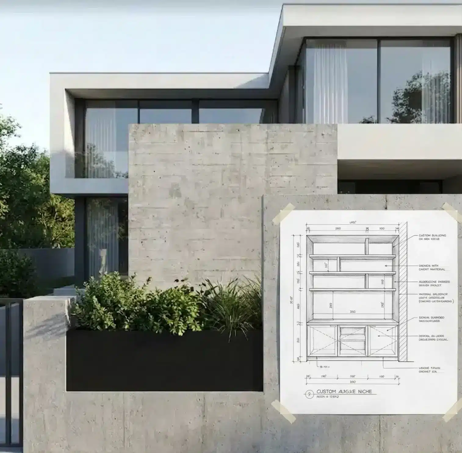 שרטוט של רהיט מיוחד שנבנה לנישה בקיר, ליד המוצר המוגמר.